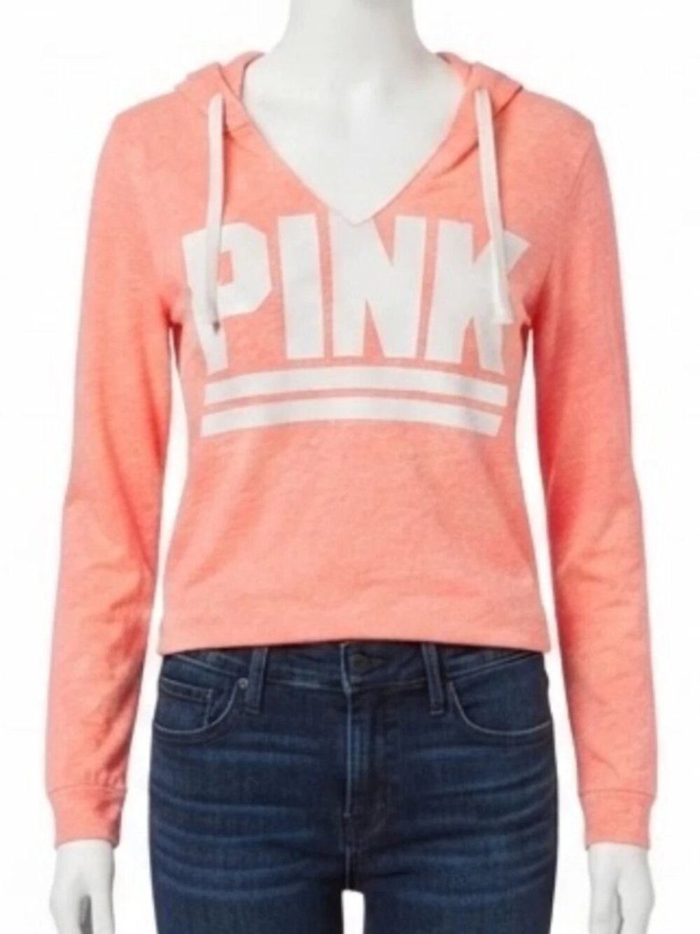 PINK Victoria's Secret Womens Medium Hoodie V-Neck Long Sleeve Coral Top